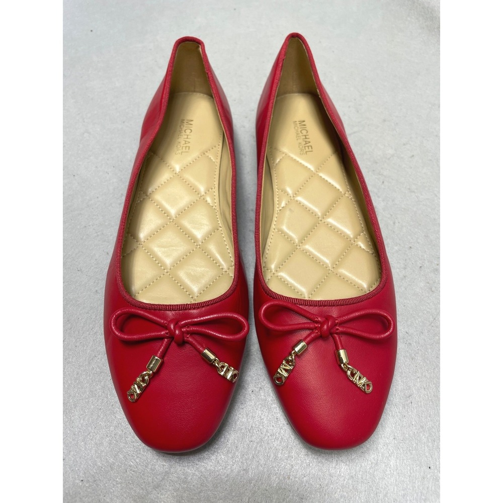 Michael Kors Lillie Ballet Flat Women Size 6M Red Leather Quilted Bow MK Logo
